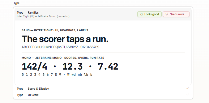 screenshot: typography in use on the scorer screen